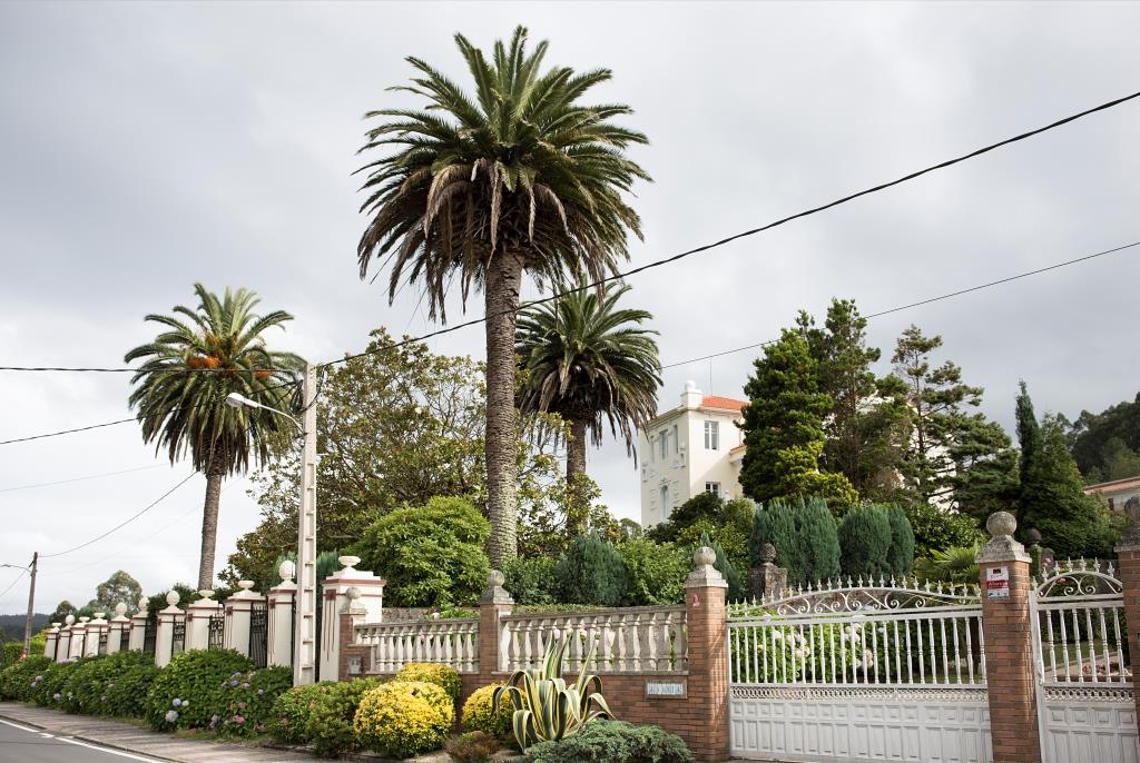 Poco antes del puente de O Pedrido encontramos este suntuoso palacete custodiado por tres palmeras canarias. Separada de la carretera por la amplia finca y un artístico muro, la vivienda se dispone en planta rectangular, sobresaliendo ligeramente de la fachada principal el torreón situado en el ángulo Este.
